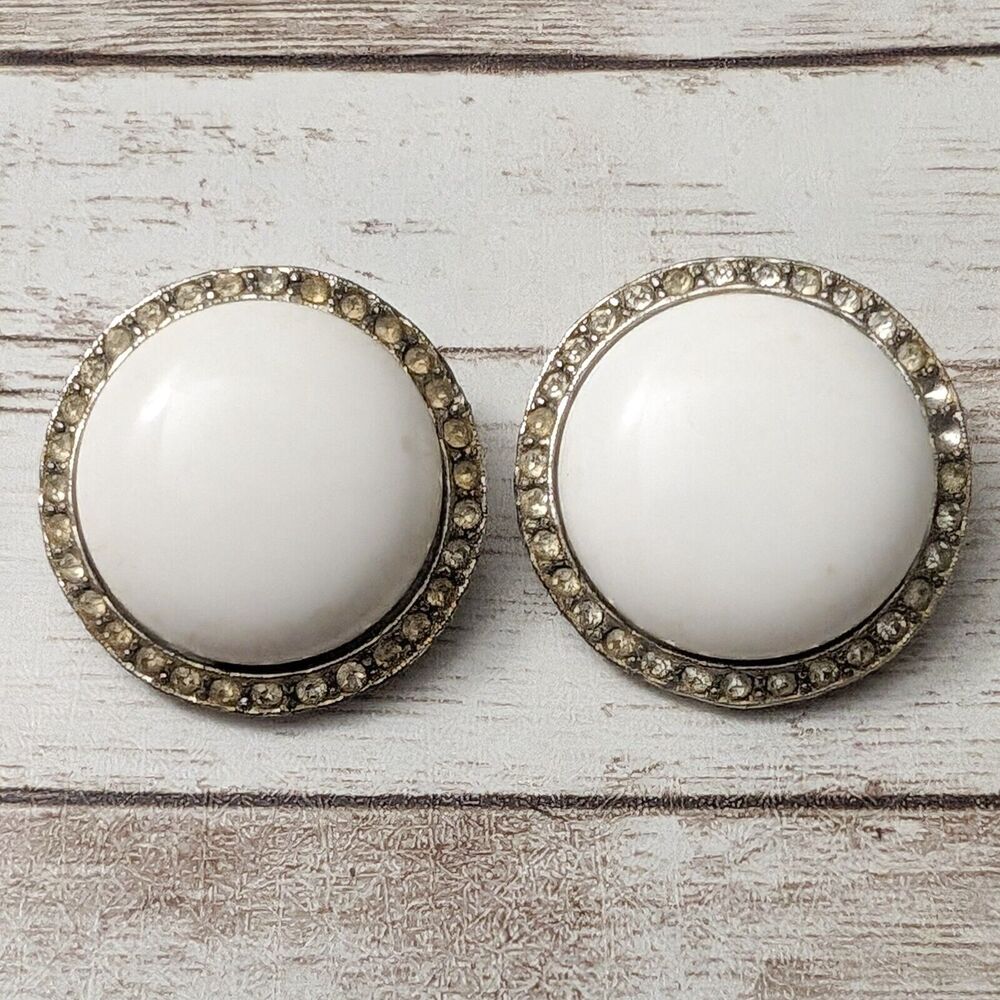 Vintage Charel Clip On Earrings - 1.25" White with Halo - Missing Gems
